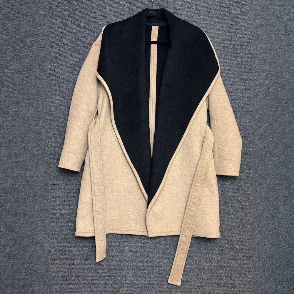 MNG Basics Mango Waterfall Wool Blend Belted Coat L Winter Minimalist Outerwear